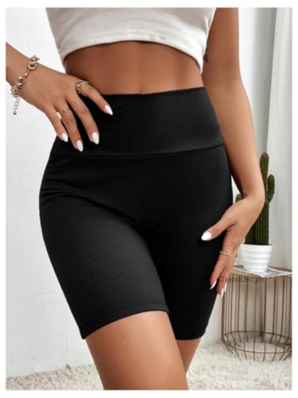 Ribbed Fold Over Biker Shorts High Waist Gym Yoga Athletic Shorts